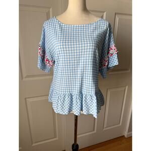 Matilda Jane Blue Gingham Ruffle Top Floral Size M Boxy Fit Farmhouse Coquette
